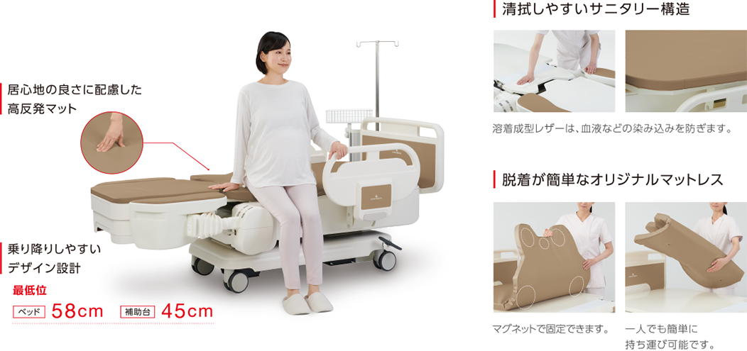 快適性負担を軽く、心地よく 居心地の良さに配慮した高反発マット 乗り降りしやすいデザイン設計 最低位ベッド58mm補助台45cm 清拭しやすいサニタリー構造 脱着が簡単なオリジナルマットレス